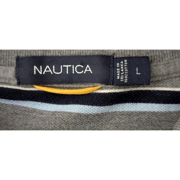 Vintage NAUTICA 100% Cotton Striped Gray Long Sleeve Polo Shirt LARGE - Picture 5 of 5